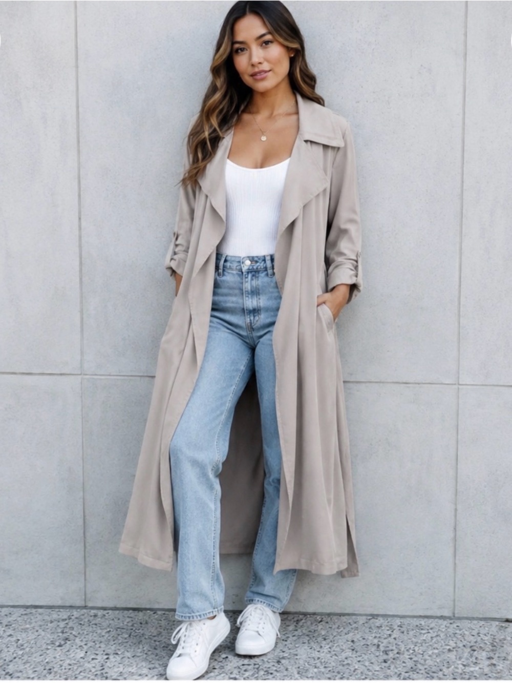 Light Taupe Wrap Trench Coat with Self-Tie Belt
